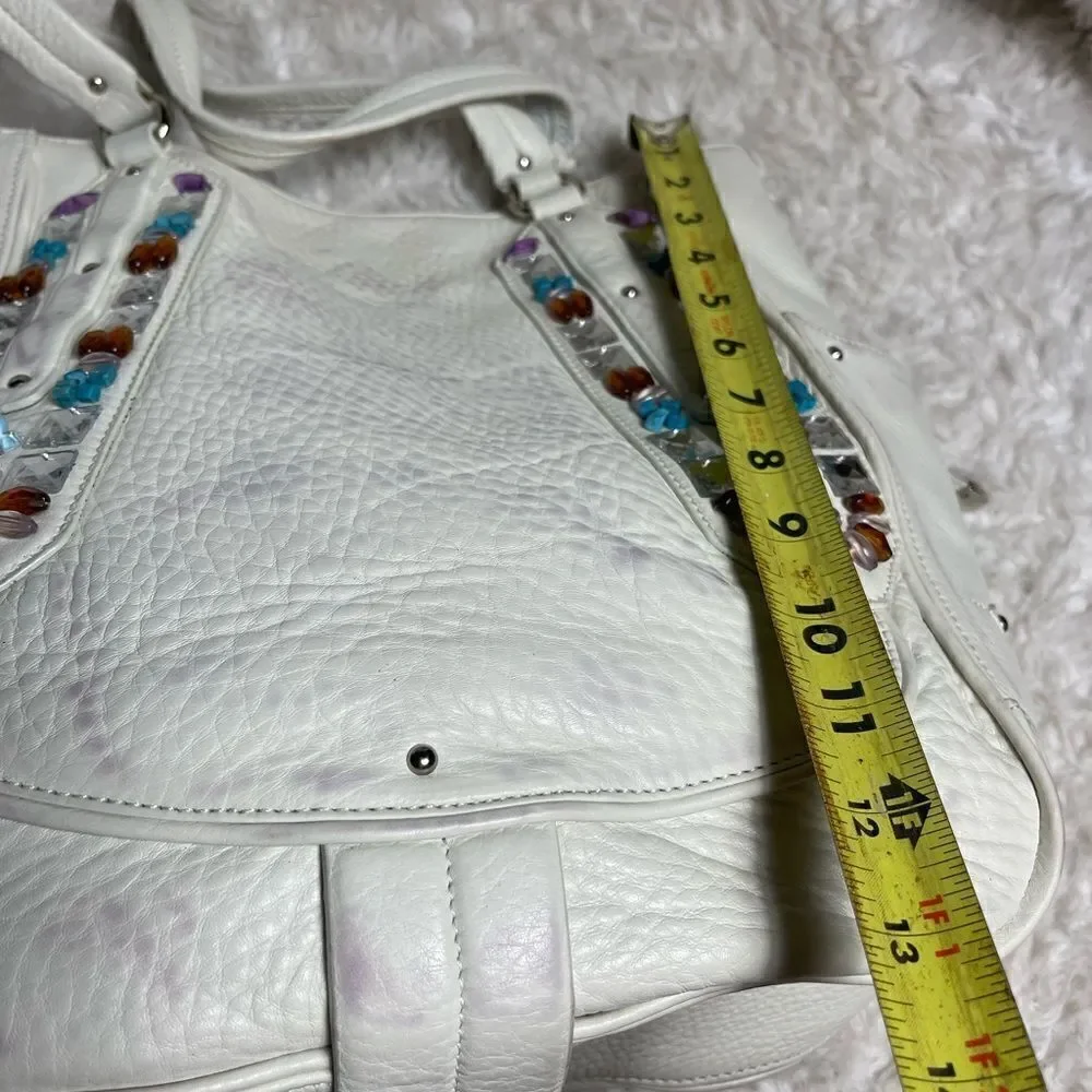 Cole Haan Sydney white leather large shoulder bag with multi color stones accent